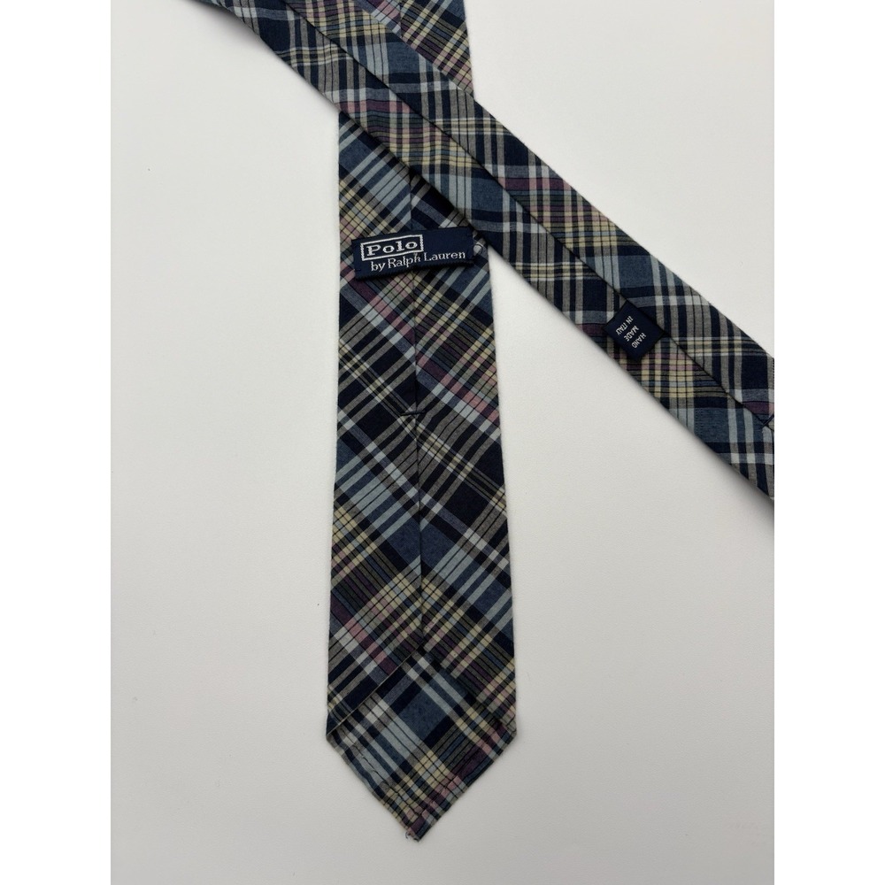 Polo Ralph Lauren Tie Mens Blue Yellow Plaid Cotton Handmade Italy Skinny 2.75"